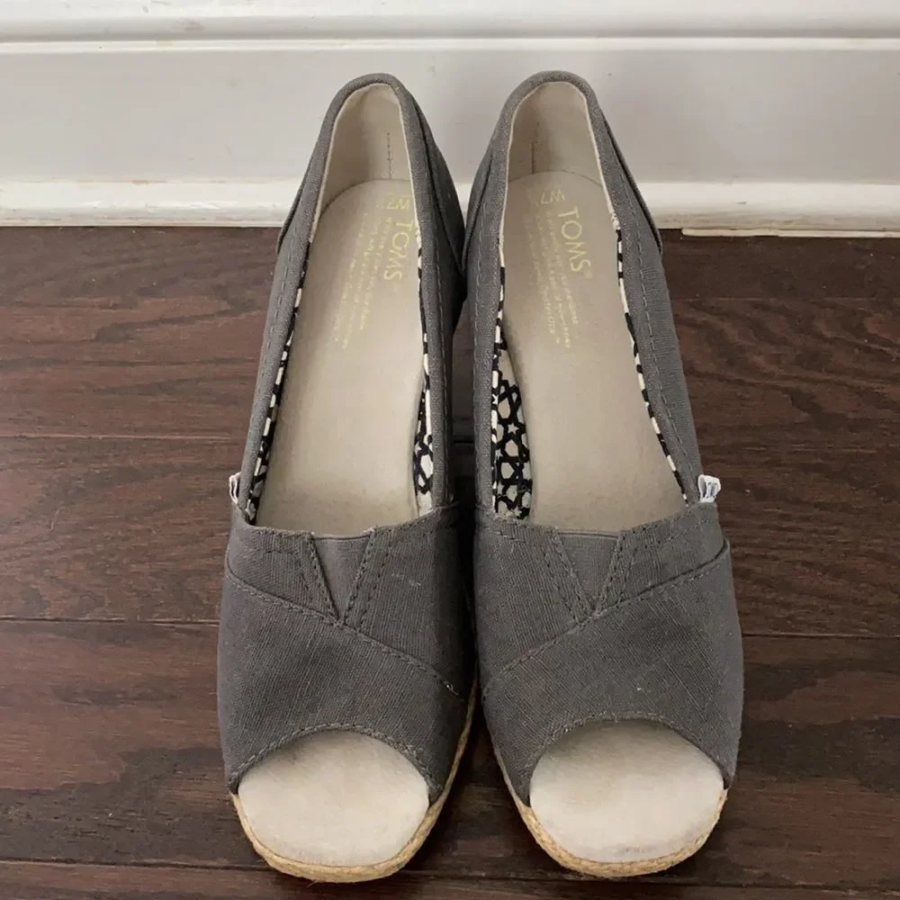 TOMS Calypso Canvas Peep Toe Wedge Espadrille Shoes
